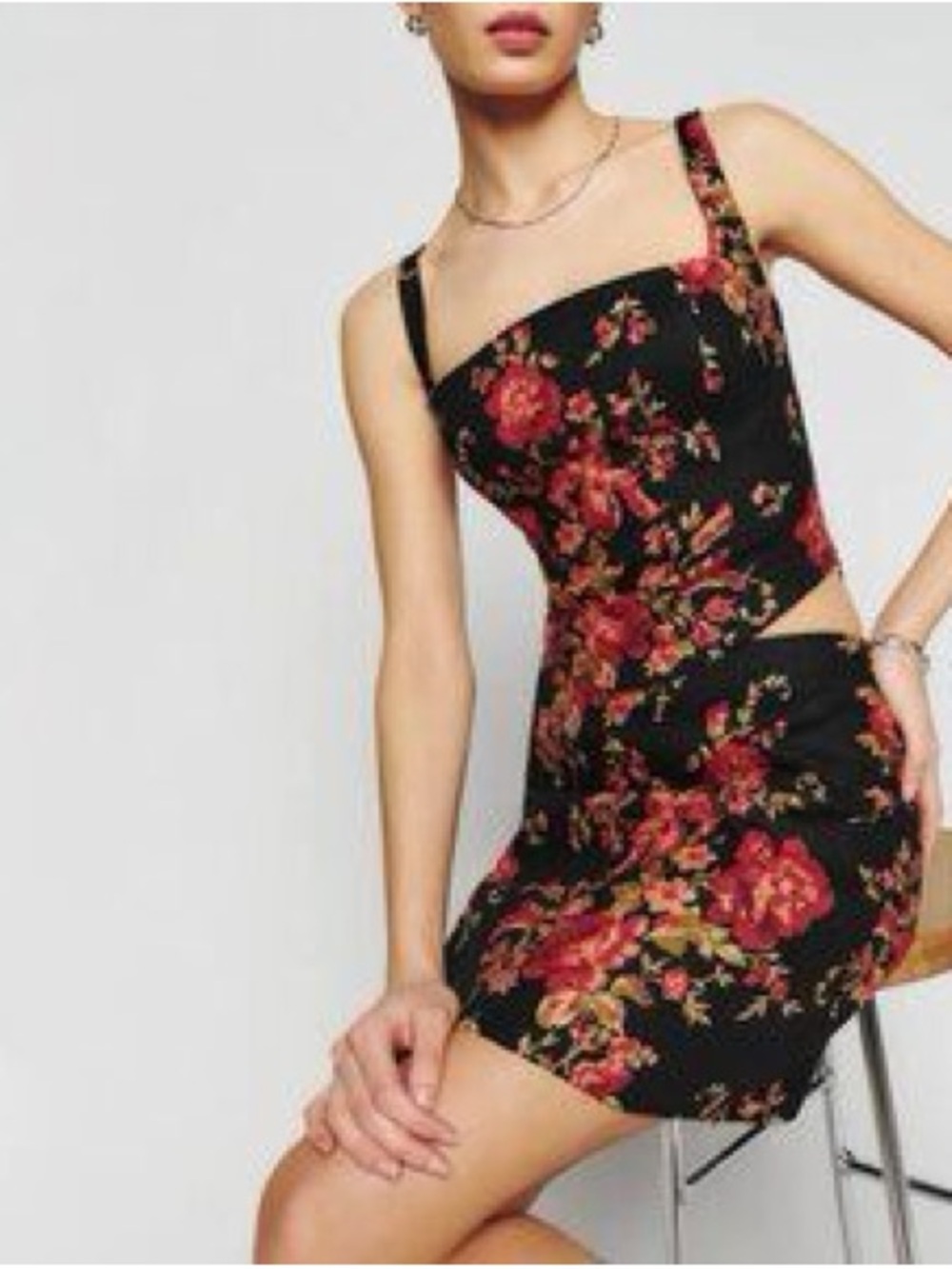 Reformation Linen Floral Black & Red Square-Neck Mini Two piece skirt set